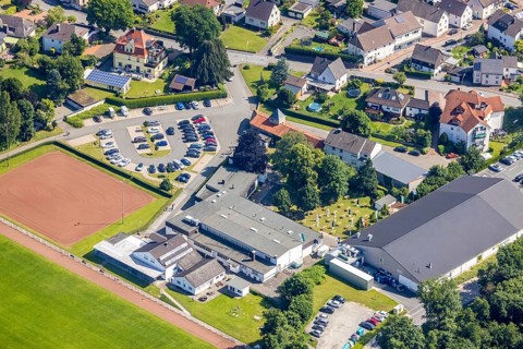 Aerial view, Hubertushalle Schützenverein, garden with beer tables and flags, Niederense, Ense,