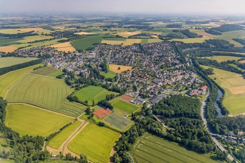 Aerial view, local view, Edeka supermarket local supply centre, sports field Niederense,