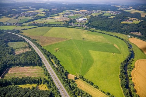 Aerial view, forest area with forest damage, motorway A445 and Ruhraue with river Ruhr in