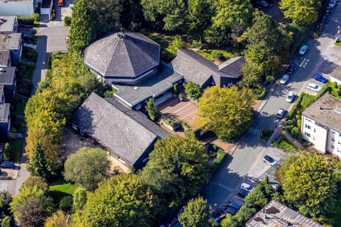 Aerial view, Catholic parish of St. Martin pastoral care centre in the Büttenberg district of