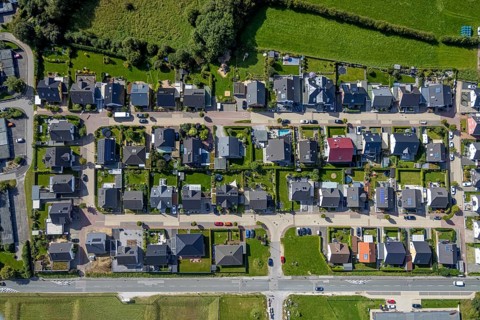 Aerial view, terraced house housing estate Dr.-Fritz-Textor-Ring in the district Büttenberg in