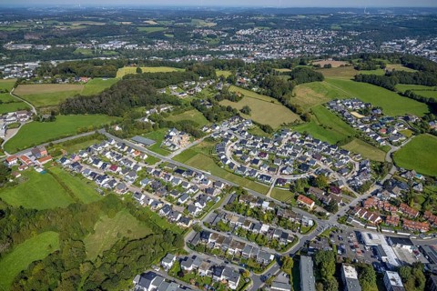 Aerial view, housing estate Dr.-Fritz-Textor-Ring and housing estate Ewald-Rettberg-Straße in the