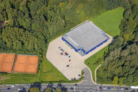 Aerial view, sports hall Schwelm in the district Lindenberg in Schwelm, Ruhr area, North