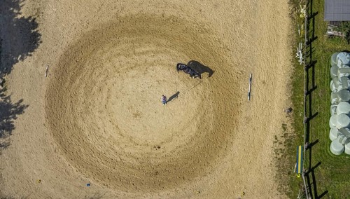 Aerial view, horse training at the Wolfshövel riding centre in the Königsfeld district of