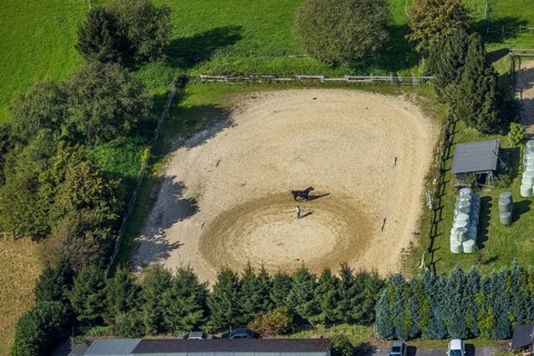 Aerial view, horse training at the Wolfshövel riding centre in the Königsfeld district of