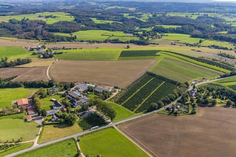 Aerial view, meadows and fields with farm Bransel in the district Königsfeld in Ennepetal, Ruhr
