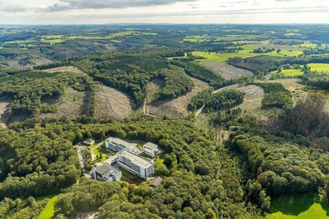 Aerial photo, Königsfeld Rehabilitation Clinic and forest damage in the Windgarten district of