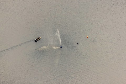 Aerial view, Ennepetalsperre and boat with water fountain in the district Altenbreckerfeld in