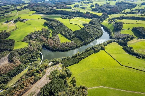 Aerial view, Heilenbecker Talsperre in the district Rüggeberg in Ennepetal, Ruhr area, North