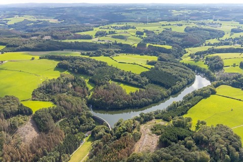Aerial view, Heilenbecker Talsperre in the district Rüggeberg in Ennepetal, Ruhr area, North