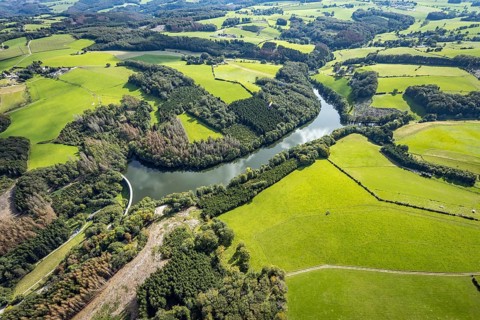 Aerial view, Heilenbecker Talsperre in the district Rüggeberg in Ennepetal, Ruhr area, North