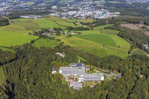 Aerial view, Königsfeld Rehabilitation Clinic and forest damage in the Windgarten district of