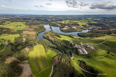 Aerial view, forest damage at the Ennepetalsperre dam with dam wall in the Altenbreckerfeld