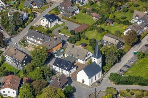 Aerial view, protestant church in the district of Rüggeberg in Ennepetal, Ruhr area, North