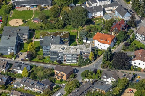 Aerial view, residential building on Severinghauser Straße in the district of Rüggeberg in