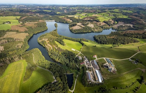 Aerial view, forest damage at the Ennepetalsperre dam with dam wall in the Altenbreckerfeld