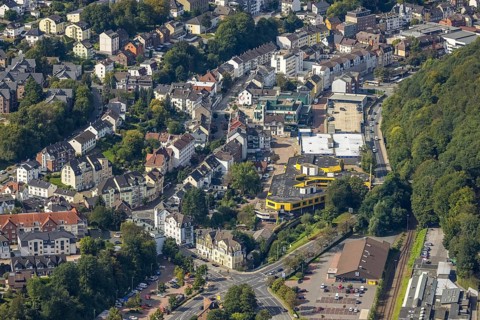 Aerial view, city centre with Haus Ennepetal in the district of Milspe in Ennepetal, Ruhr area,