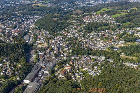 Aerial view, Bharat Forge CDP GmbH factory premises and local view in the district Altenvoerde in