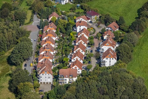 Aerial view, terraced house housing estate Kämpershausweg and Narzissenweg in the district