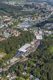 Aerial view, industrial area Loher Straße and building bilstein group Engineeringmit with solar