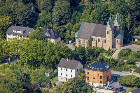 Aerial view, catholic church St. Johann Baptist in the district Voerde in Ennepetal, Ruhr area,