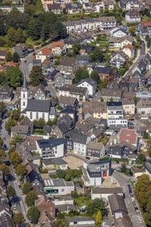 Aerial view, town centre with the protestant Johanneskirche in the district Voerde in Ennepetal,