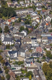 Aerial view, town centre with the protestant Johanneskirche in the district Voerde in Ennepetal,