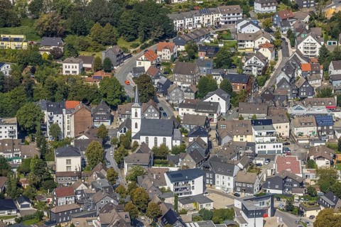 Aerial view, town centre with the protestant Johanneskirche in the district Voerde in Ennepetal,