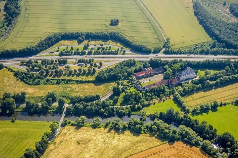 Aerial view, Haus Füchten, motorway A445 with parking Haus Füchten and parking Ruhr Valley,