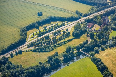 Aerial view, Haus Füchten, motorway A445 with parking Haus Füchten and parking Ruhr Valley,