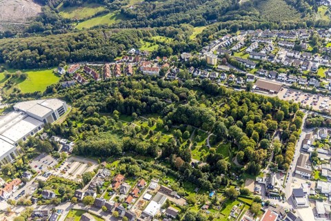 Aerial view, cemetery in the forest in the district Voerde in Ennepetal, Ruhr area, North