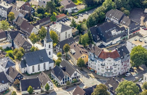 Aerial view, town centre with the protestant Johanneskirche in the district Voerde in Ennepetal,