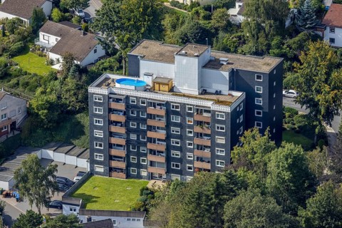 Aerial view, high-rise building with pool on the roof at Sonnenweg in the district Voerde in