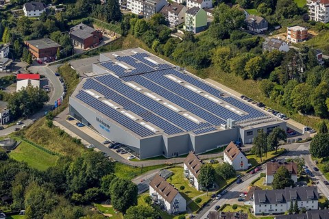Aerial view, commercial area bilstein group Engineering with solar roof in the district Voerde in