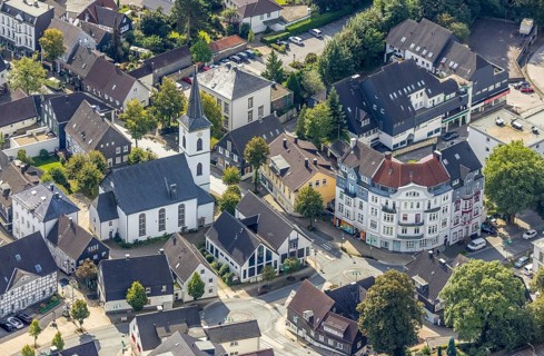 Aerial view, town centre with the protestant Johanneskirche in the district Voerde in Ennepetal,
