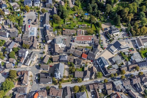 Aerial view, town centre with the protestant Johanneskirche and the new building Haus an der Kirche