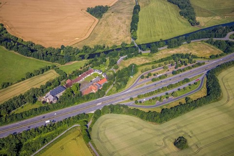 Aerial view, Haus Füchten, motorway A445 with parking Haus Füchten and parking Ruhr Valley,