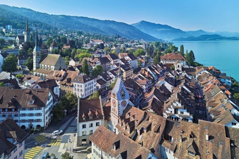 Old town with the Zytturm tower, Lake Zug and the Rigi in the background, Zug, Canton Zug,