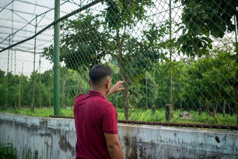 A man stands by a chain-link fence surrounded by lush greenery, appearing contemplative-Dhaka,