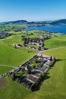 Cemetery from above, Lake Sihl in the background, Einsiedeln, Canton Schwyz, Switzerland