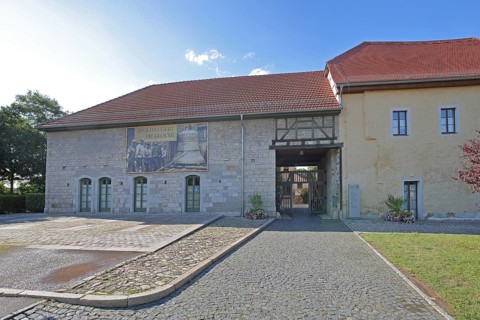 Castle built 16th century with banner for the celebration and anniversary of the bell, city