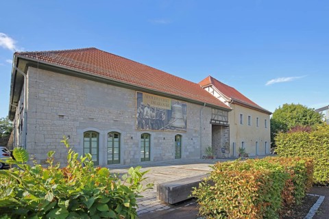 Castle built 16th century with banner for the celebration and anniversary of the bell, city
