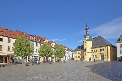 Market square and town hall with ridge turret, Renaissance, market, Apolda, Thuringia, Germany
