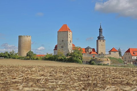 Castle built 10th century with Dicker Heinrich, Marterturm and Pariser Turm, towers, field, stubble