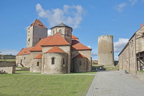 Inner courtyard with martyr's tower, Romanesque castle chapel built in the 10th century and Dicker