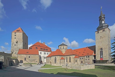 Inner courtyard with martyr's tower, Romanesque castle chapel built in the 10th century, Dicker