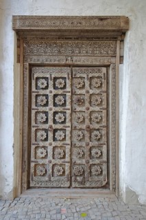 Door with wood carvings and floral decorations, castle, Wanzleben, Romanesque Road, Saxony-Anhalt,