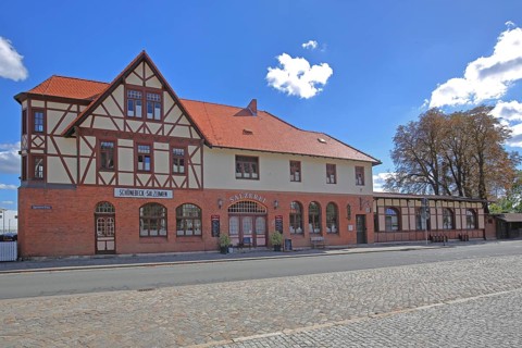 Historic railway station building, half-timbered house, Bad Salzelmen, Schönebeck, Saxony-Anhalt,