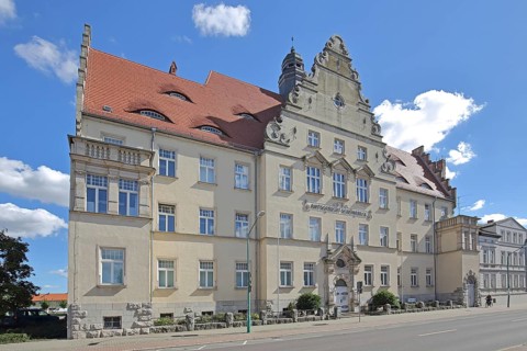 Local court, historic building with tail gable and spire, courthouse, Schönebeck, Saxony-Anhalt,