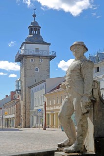 Historic salt tower and sculpture of the market fountain, town tower, Schönebeck, Saxony-Anhalt,